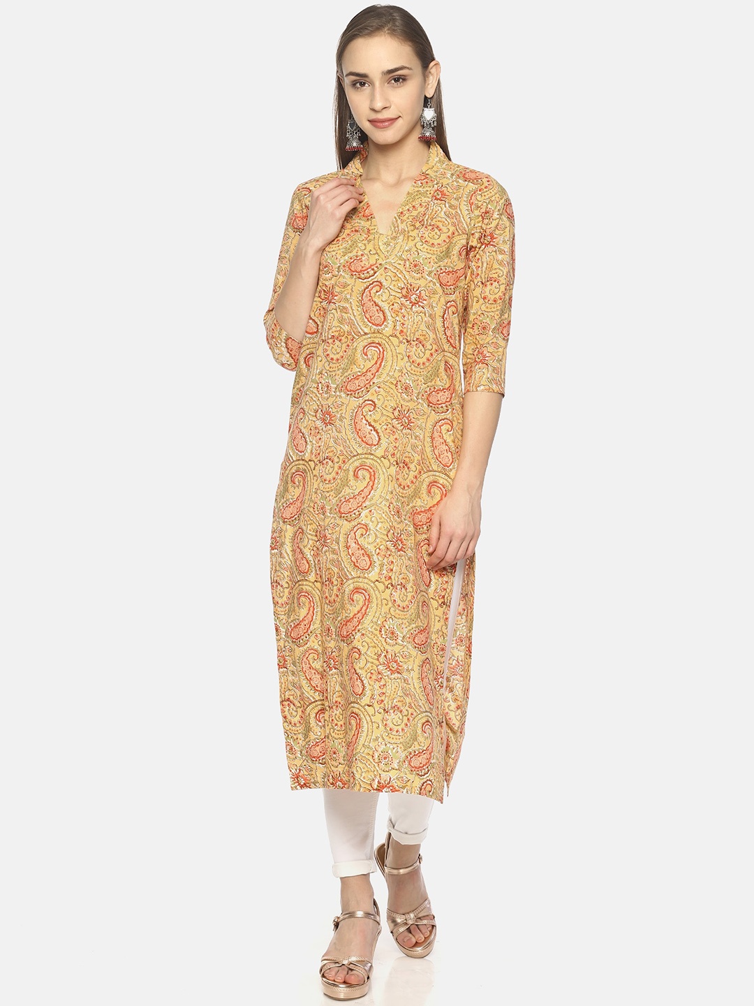 

Weaves of Tradition Paisley Block Printed Pure Cotton Straight Kurta, Yellow