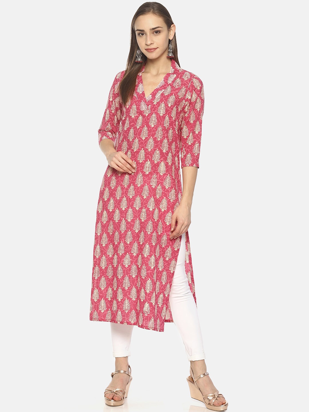 

Weaves of Tradition Ethnic Motifs Printed V-Neck Calf Length Pure Cotton Straight Kurta, Pink