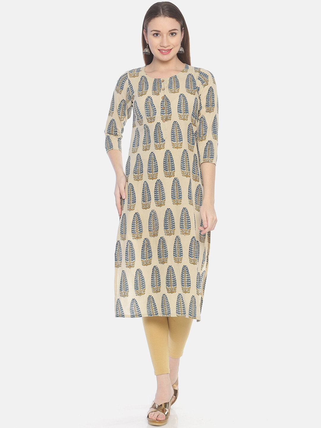 

Weaves of Tradition Ethnic Motifs Block Printed Cotton Straight Kurta, Beige