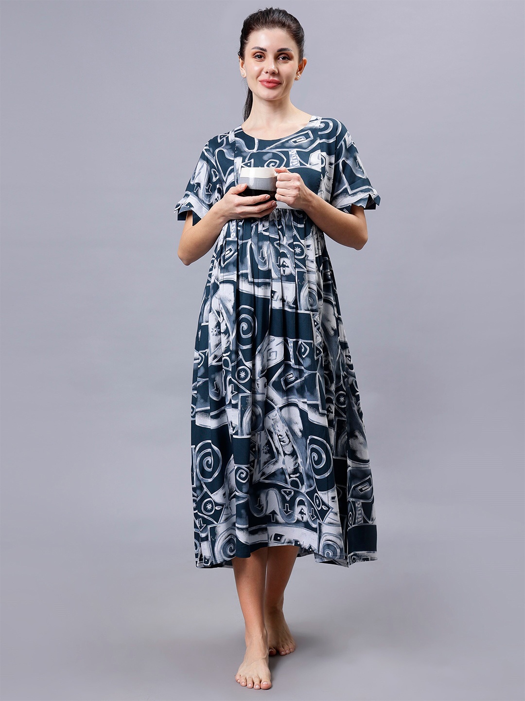 

NIGHTSPREE Abstract Print Round Neck Fit & Flare Maternity And Feeding Dress., Sea green