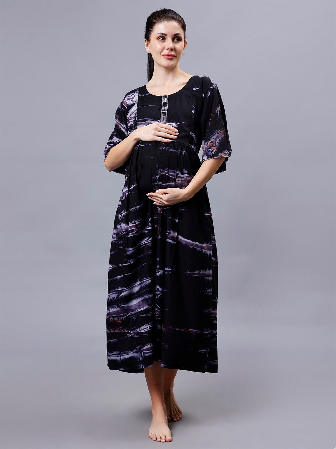 

NIGHTSPREE Tie and Dye Print Round Neck Flared Sleeves Maternity Fit & Flare Dress, Black