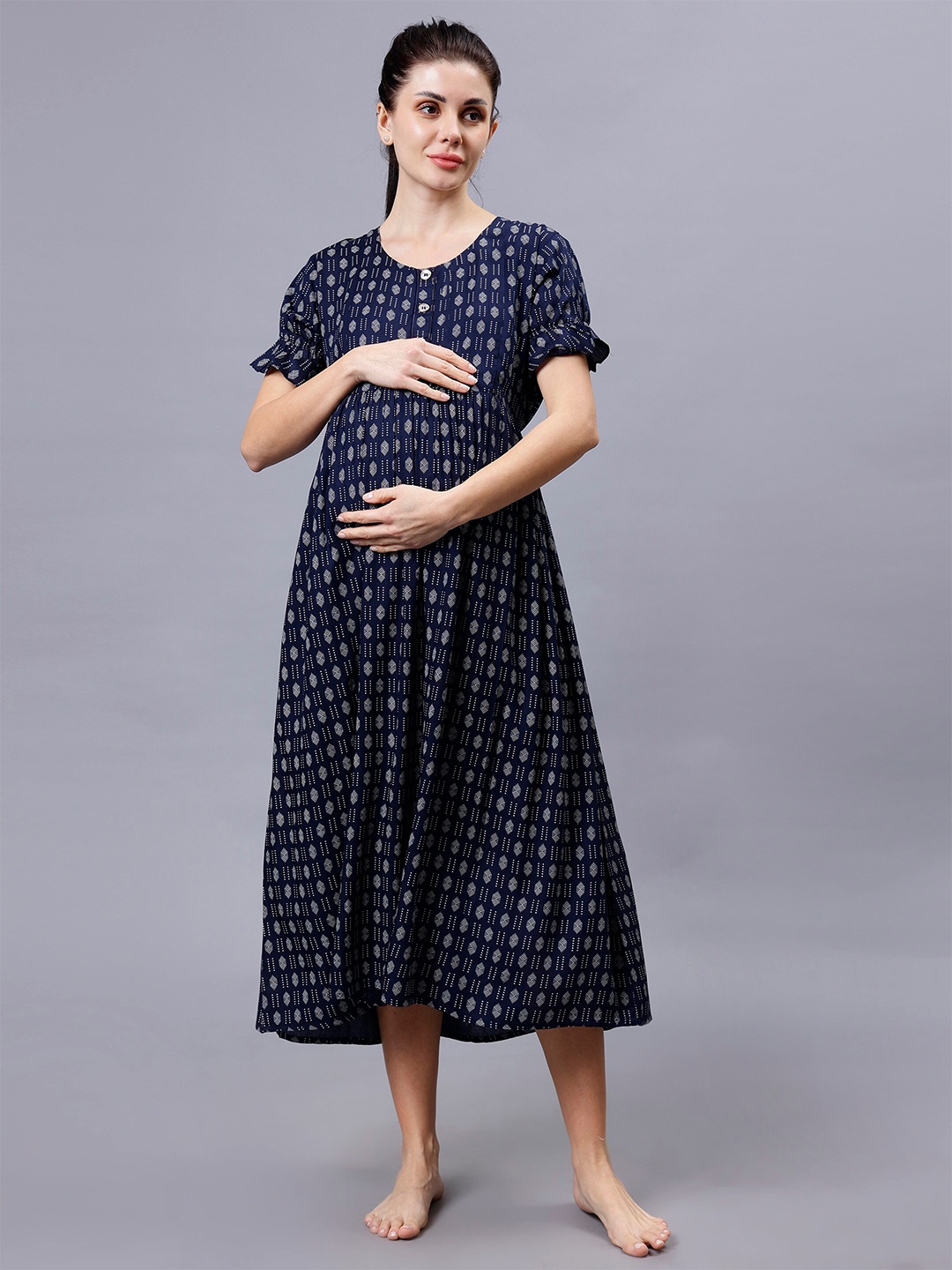 

NIGHTSPREE Polka Dot Printed Maternity Fit & Flare Midi Dress, Navy blue