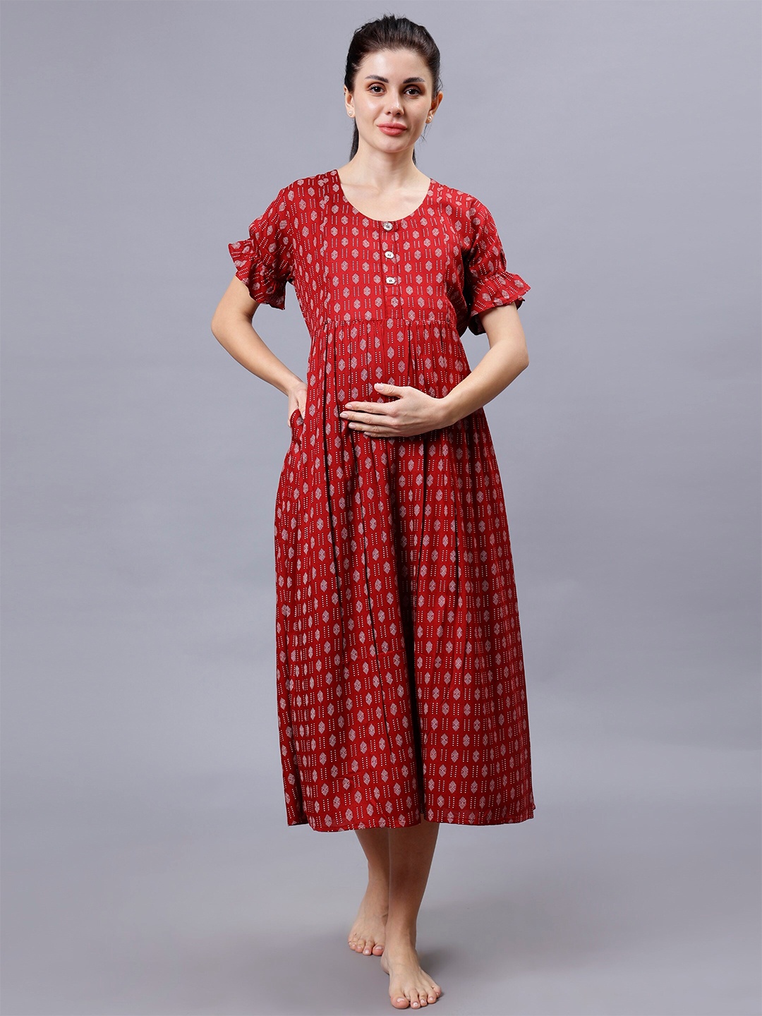

NIGHTSPREE Ethnic Motifs Print Puff Sleeve Maternity Fit & Flare Midi Dress, Red