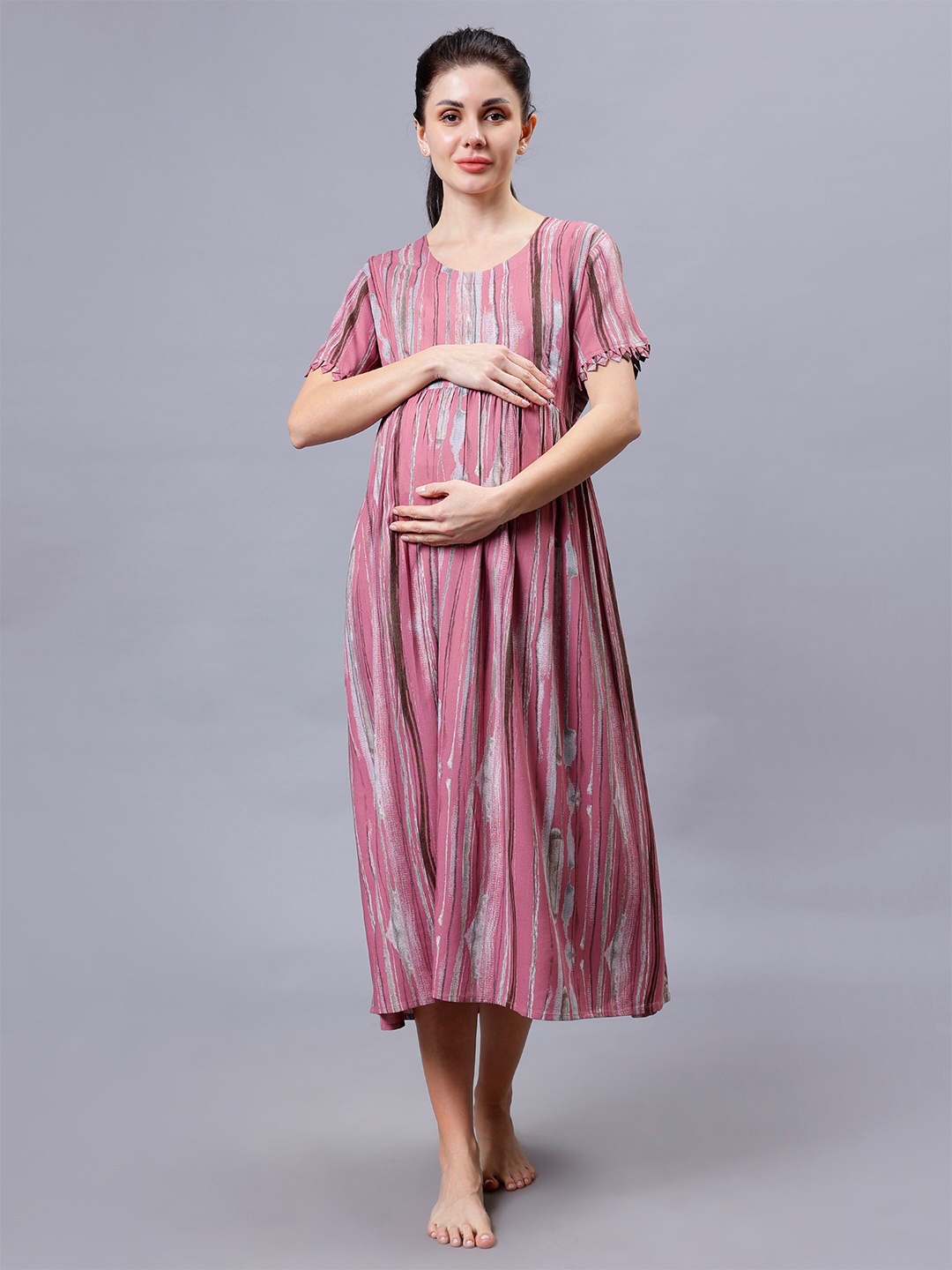 

NIGHTSPREE Striped Maternity Midi Nightdress, Pink