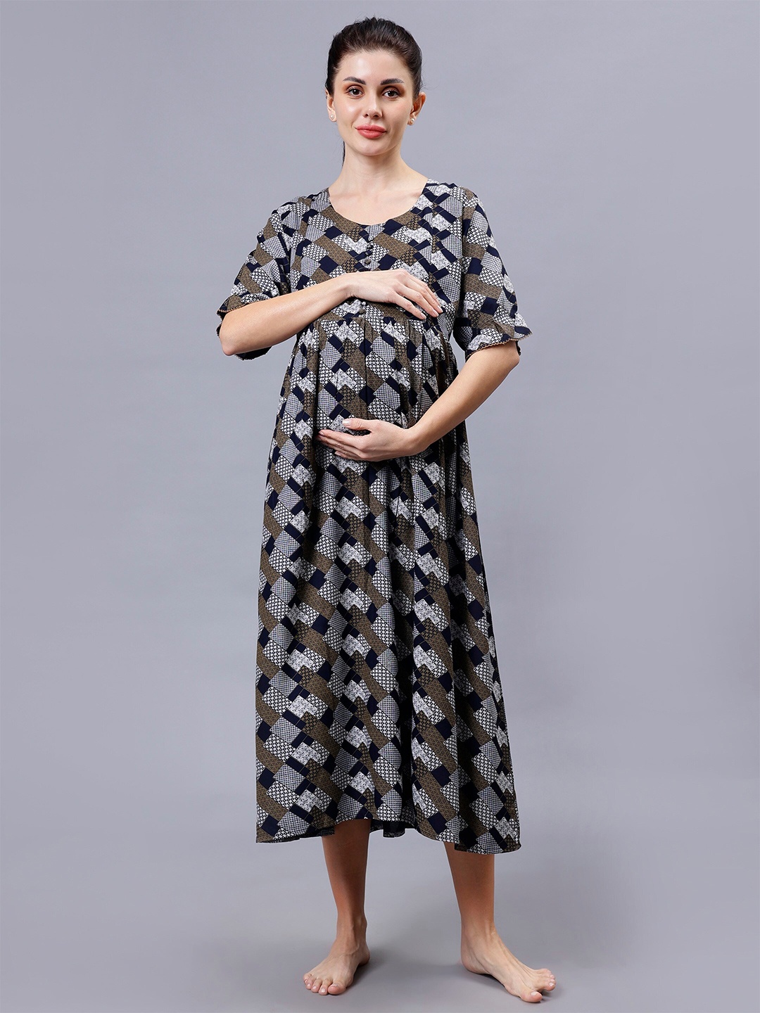 

NIGHTSPREE Floral Printed Maternity Midi Nightdress, Navy blue