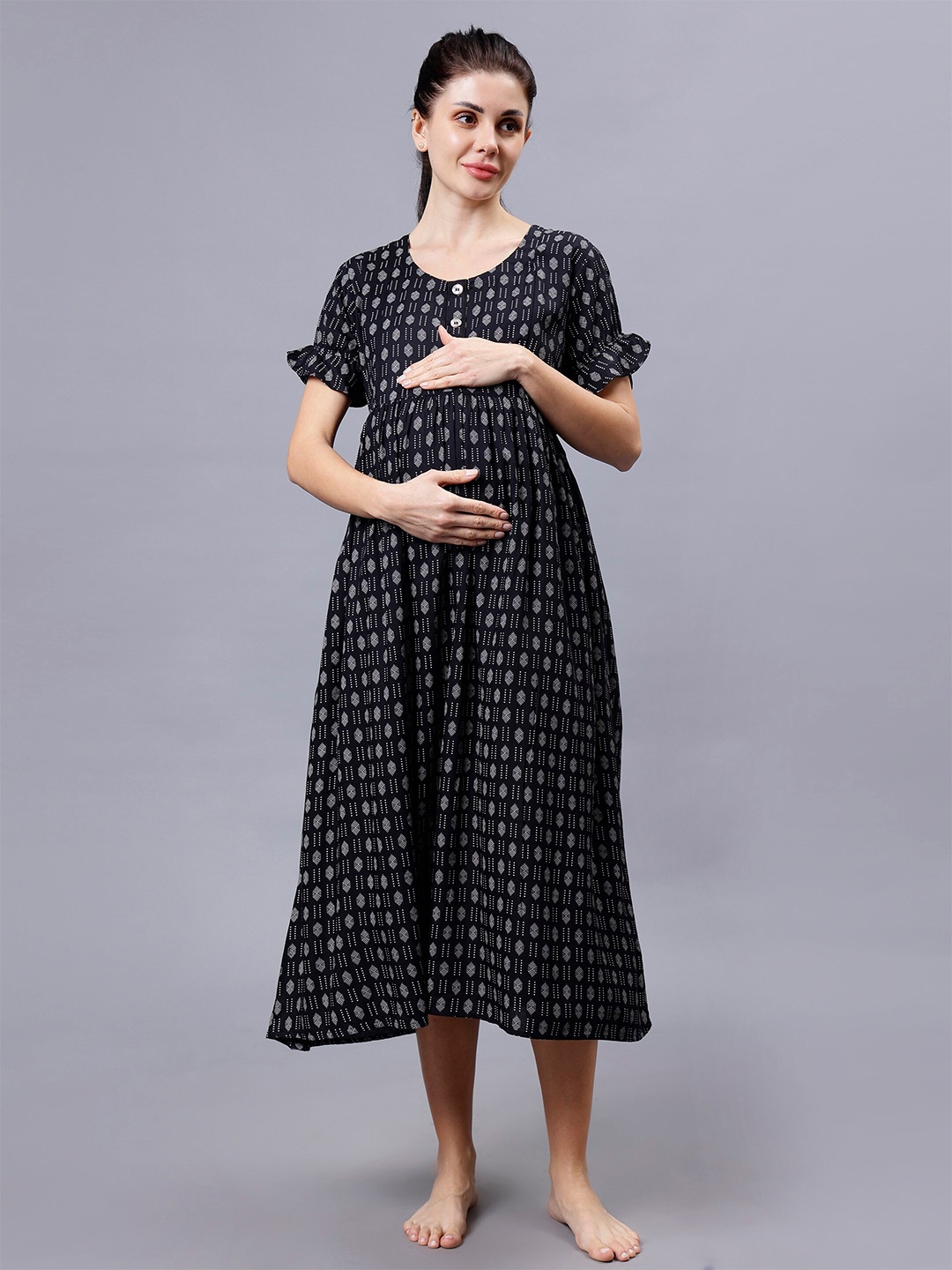 

NIGHTSPREE Geometric Print Round Neck Short Puff Sleeves Maternity Fit & Flare Dress, Black