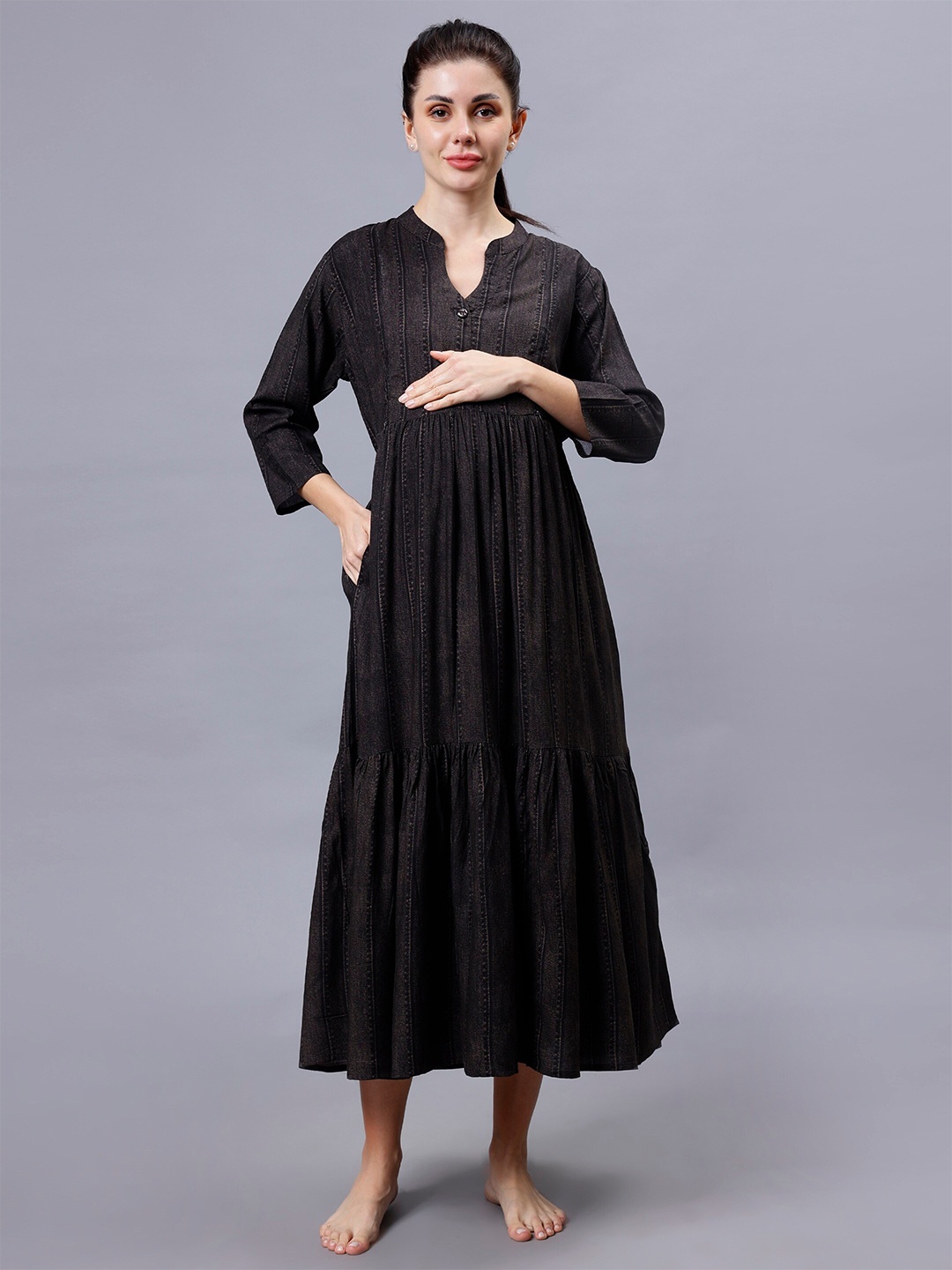 

NIGHTSPREE Striped Mandarin Collar Three-Quarter Sleeves Maternity Fit & Flare Dress, Charcoal