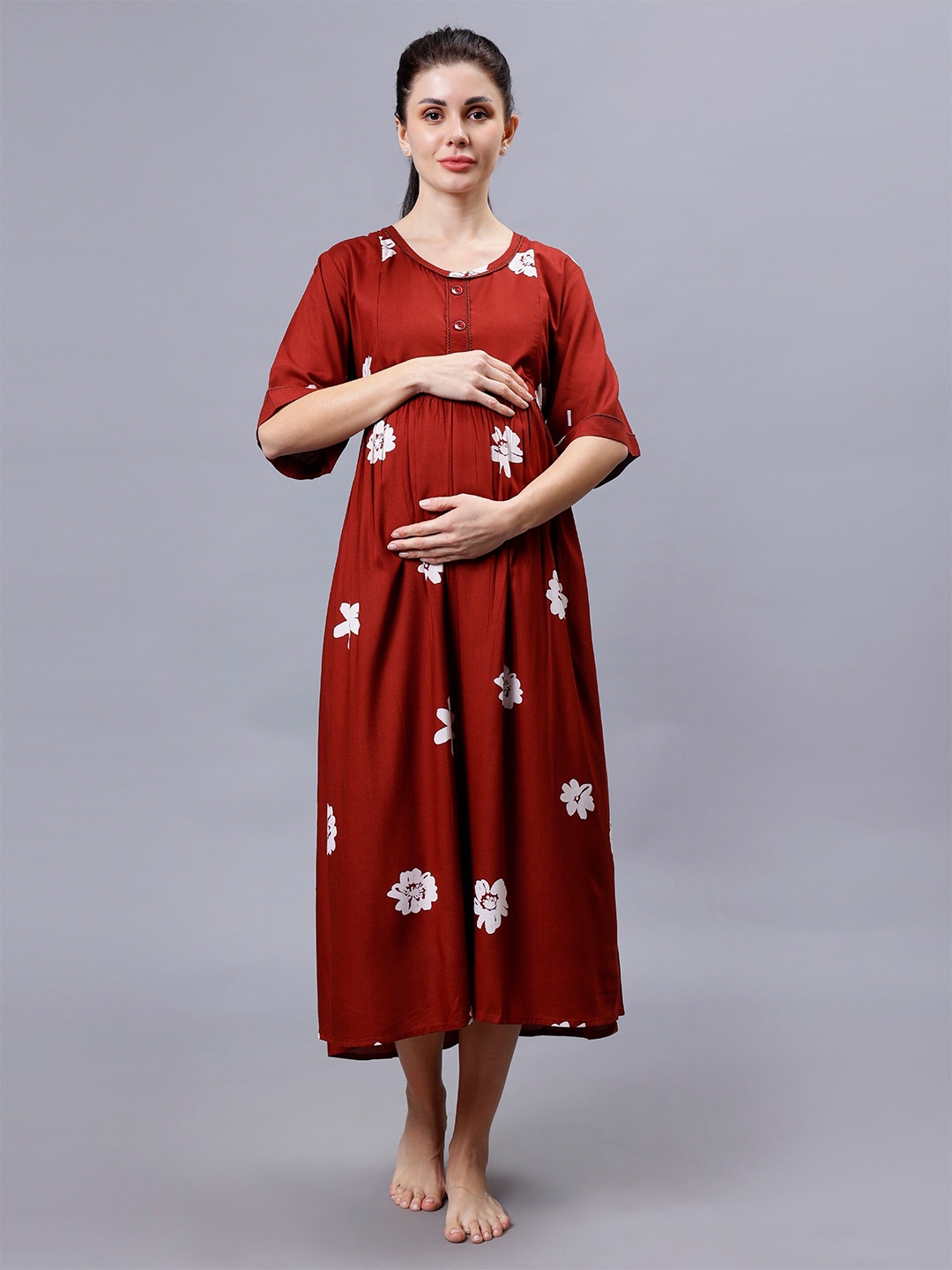 

NIGHTSPREE Floral Print Round Neck Fit & Flare Maternity And Feeding Dress., Red