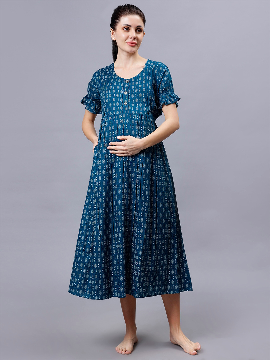 

NIGHTSPREE Ethnic Motifs Print Round Neck Maternity Fit & Flare Midi Dress, Blue