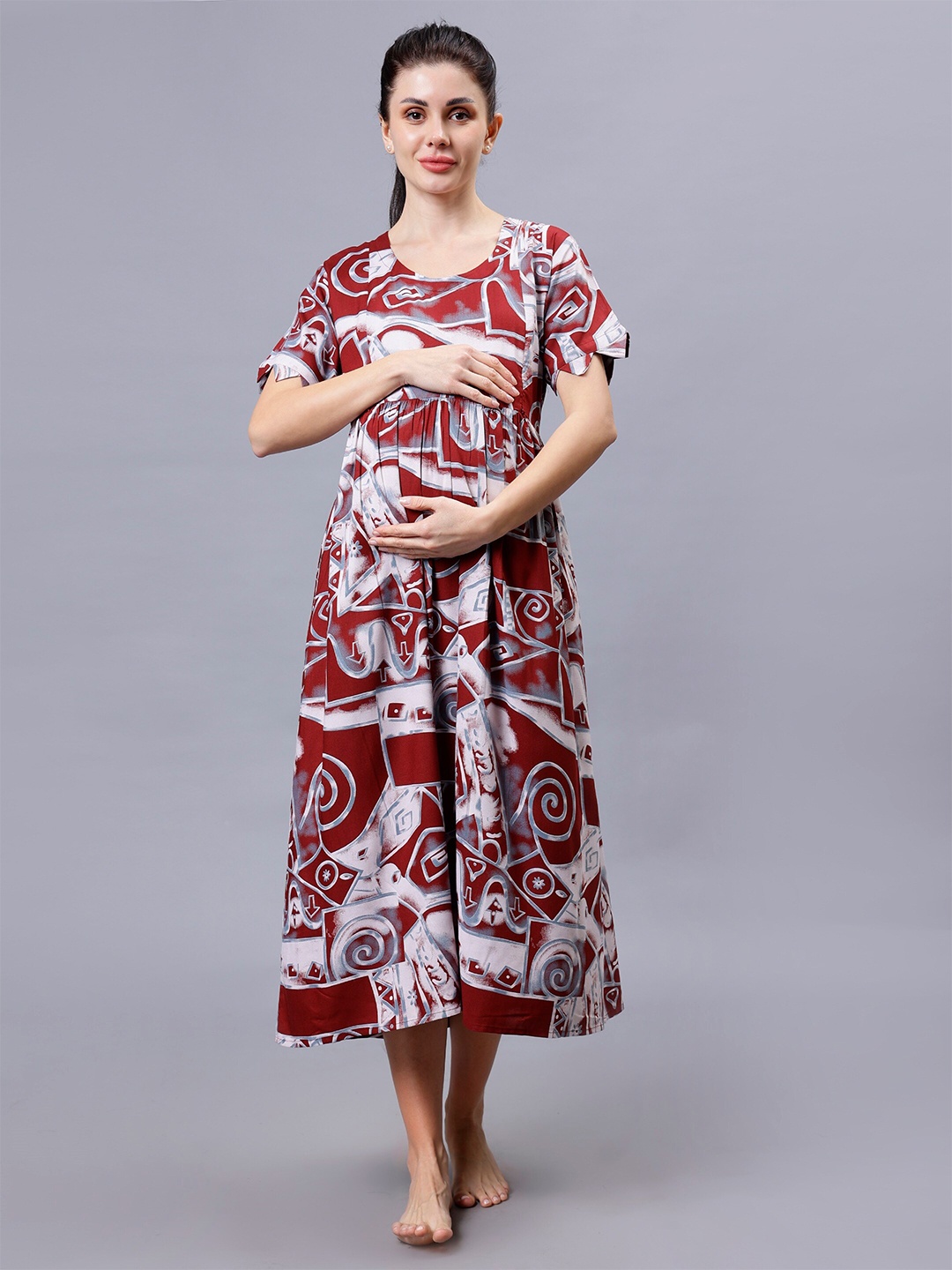 

NIGHTSPREE Abstract Print Round Neck Maternity & Feeding Fit & Flare Midi Dress, Rust
