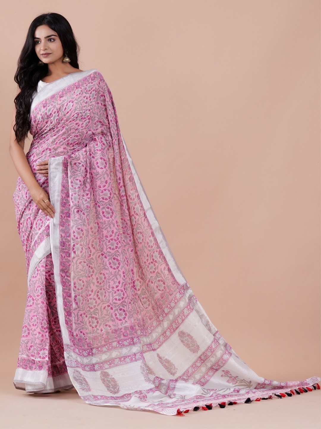 

Shivanya Handicrafts Floral Block Print Saree, Pink