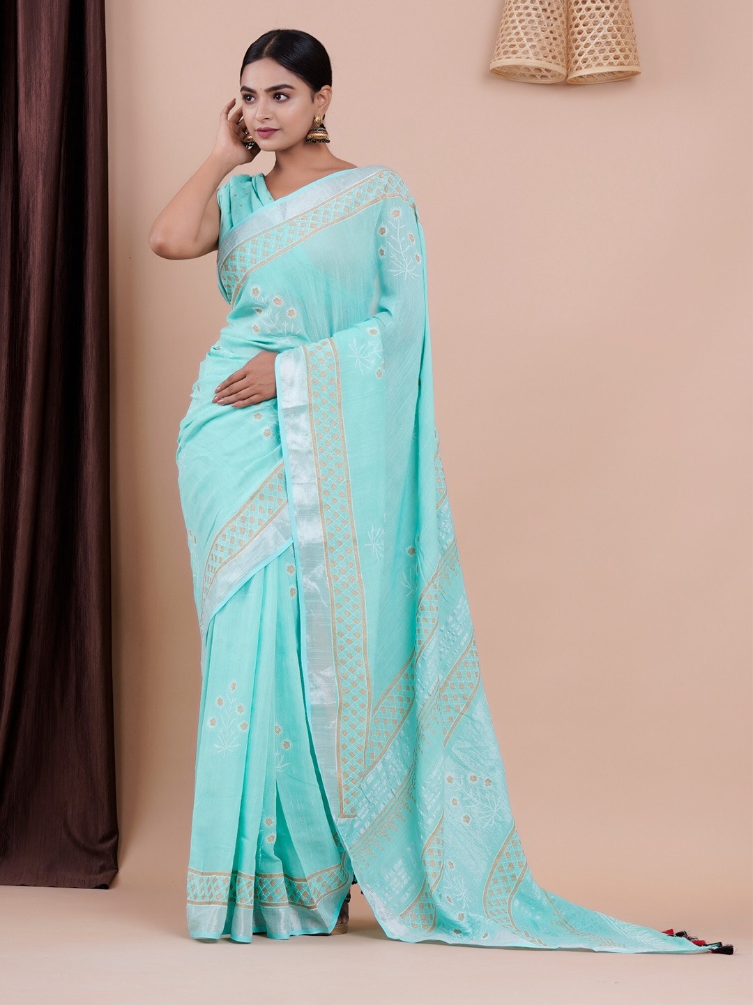 

Shivanya Handicrafts Floral Block Print Saree, Blue