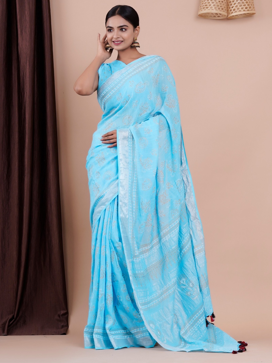 

Shivanya Handicrafts Floral Block Print Saree, Blue