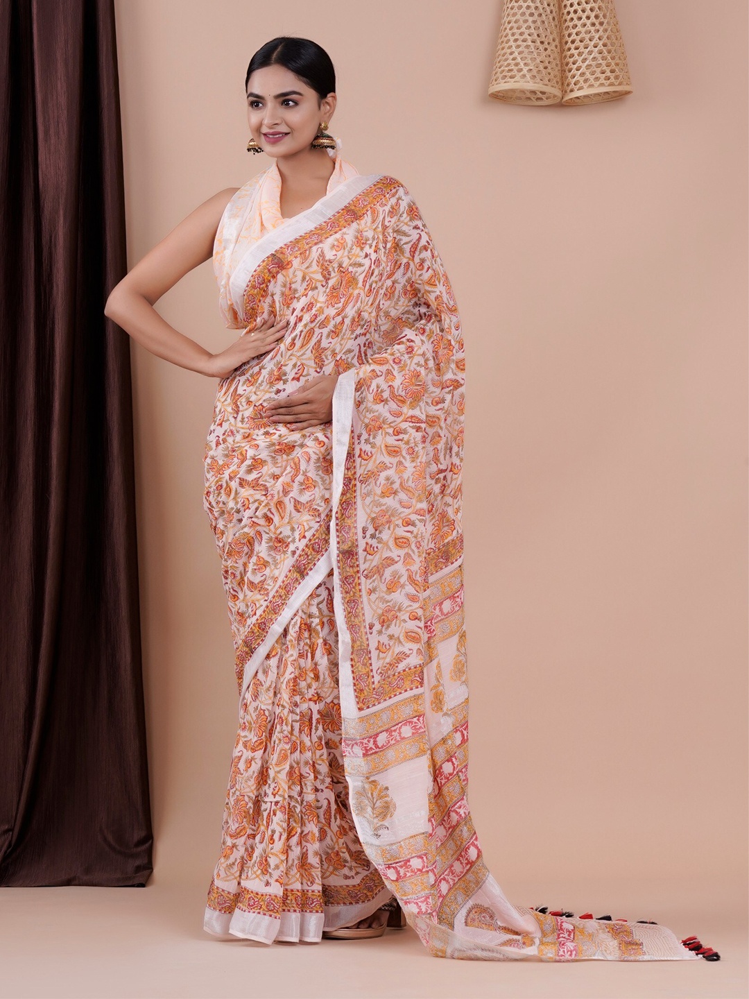 

Shivanya Handicrafts Paisley Block Print Saree, Orange