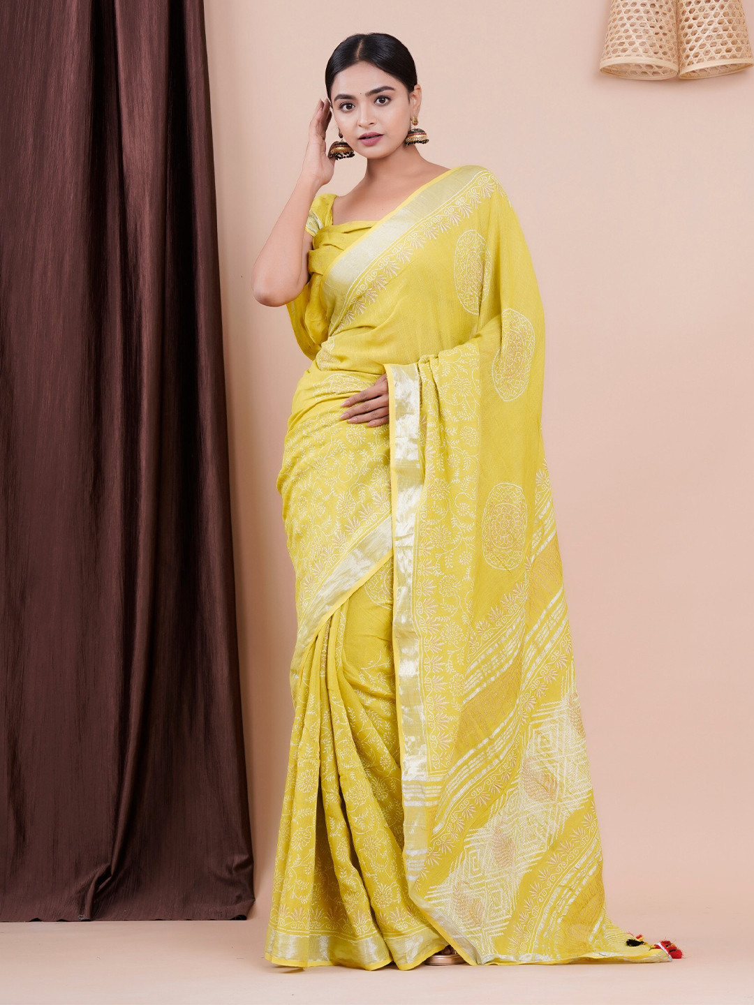 

Shivanya Handicrafts Floral Block Print Saree, Yellow