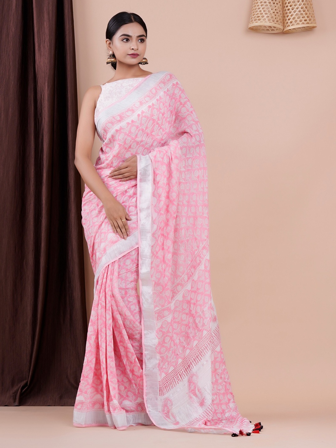 

Shivanya Handicrafts Ethnic Motifs Block Print Saree, Pink