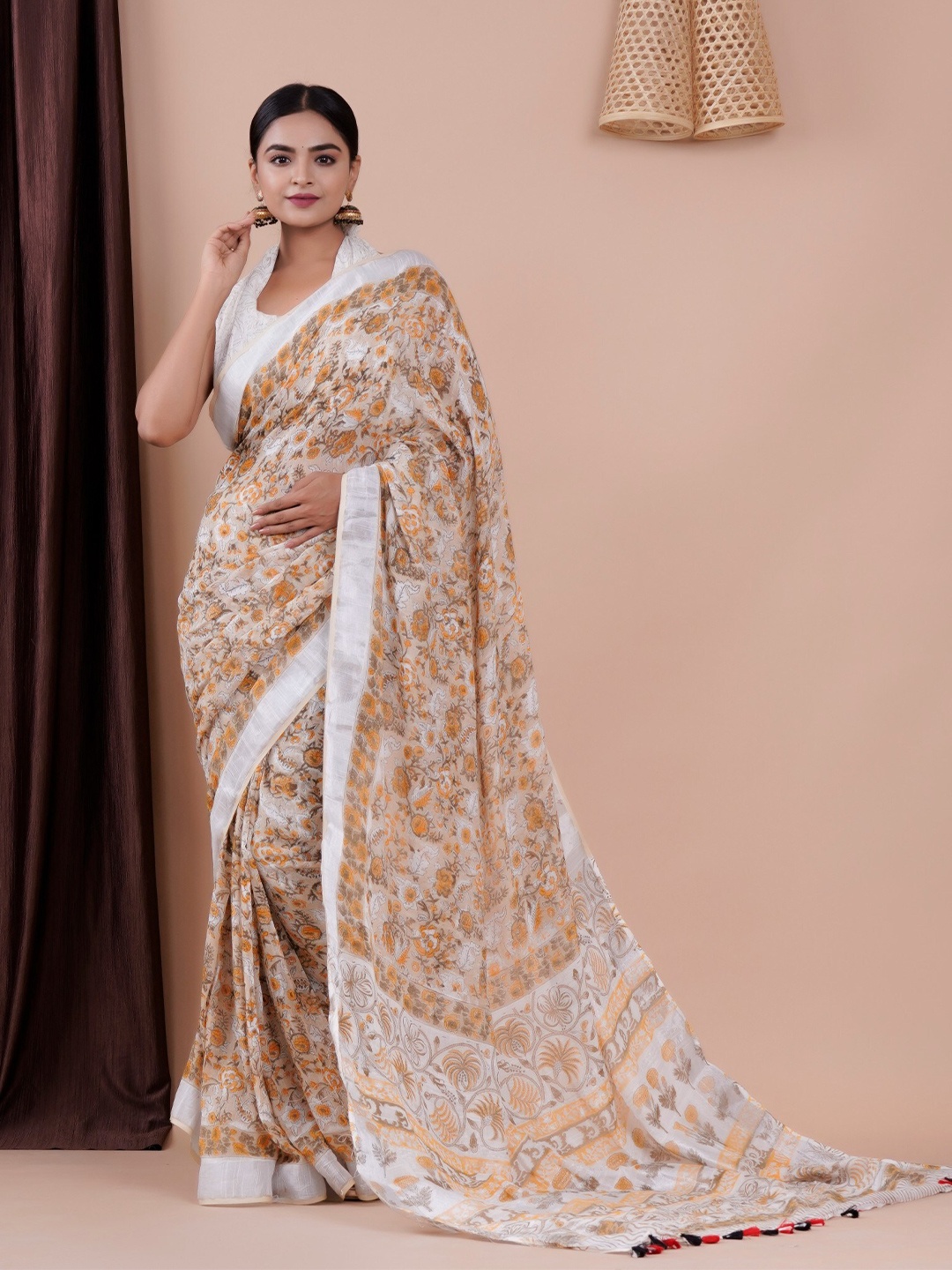 

Shivanya Handicrafts Floral Block Print Saree, Beige