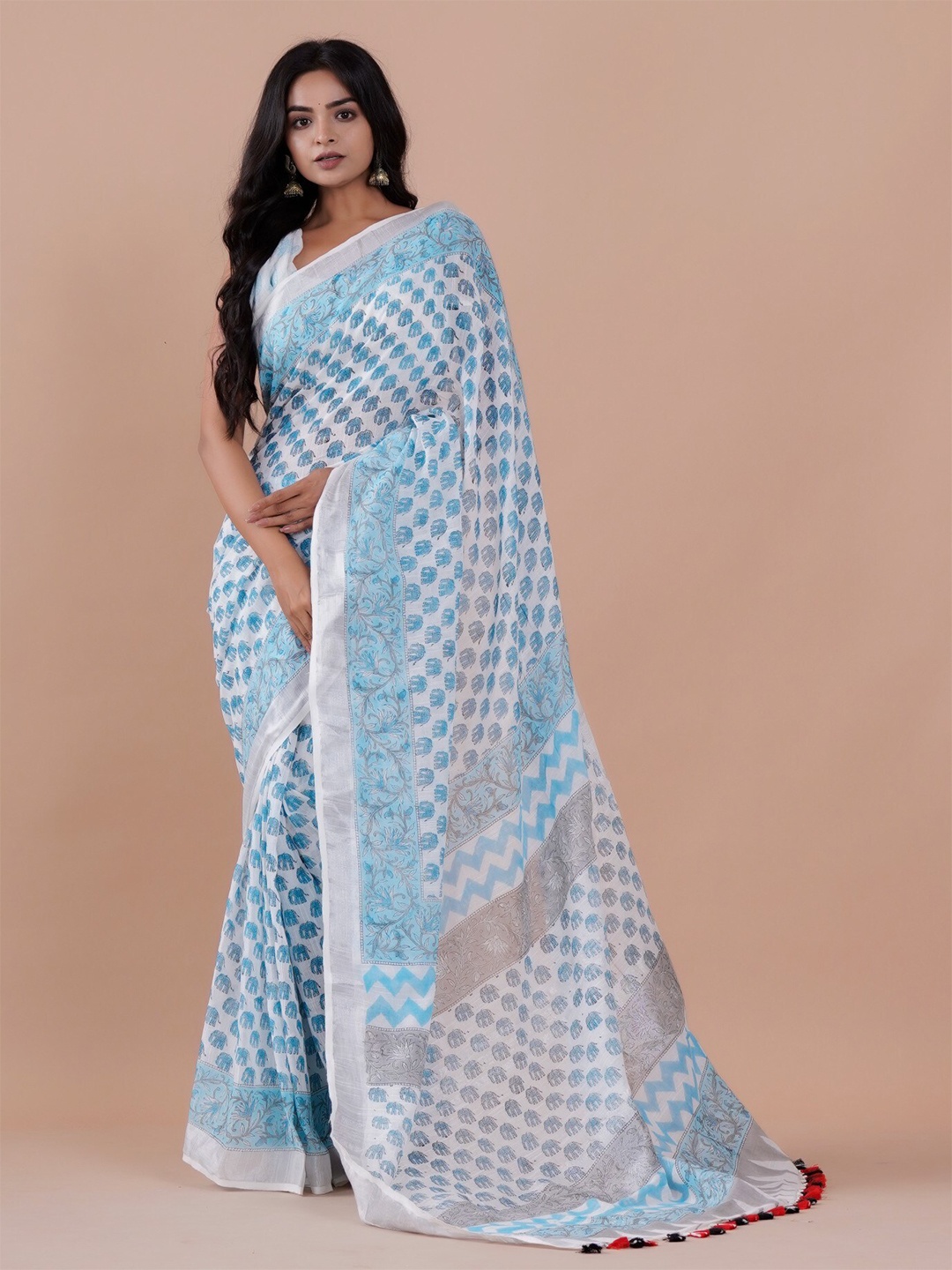 

Shivanya Handicrafts Floral Block Print Saree, Blue