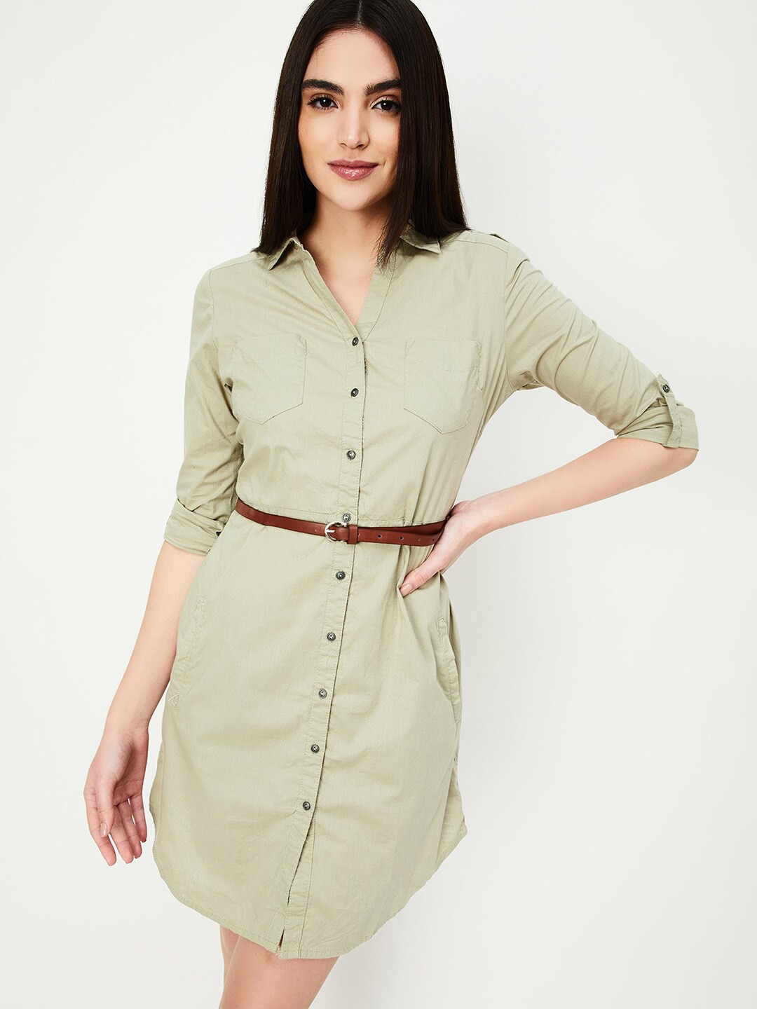 

max Roll-Up Sleeves Spread Collar Tie-Up Neck Cotton Shirt Dress, Green