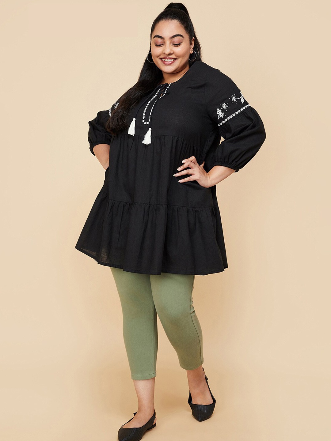 

max Plus Size Solid Pure Cotton Tiered Tunic, Black