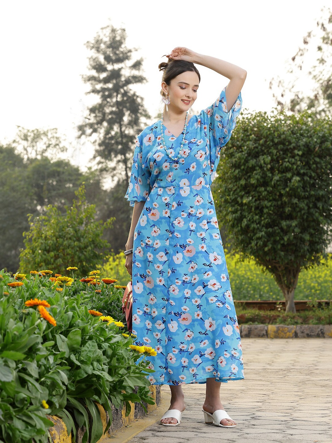 

plusS Floral Print Flared Sleeves Fit & Flare Maxi Dress, Blue