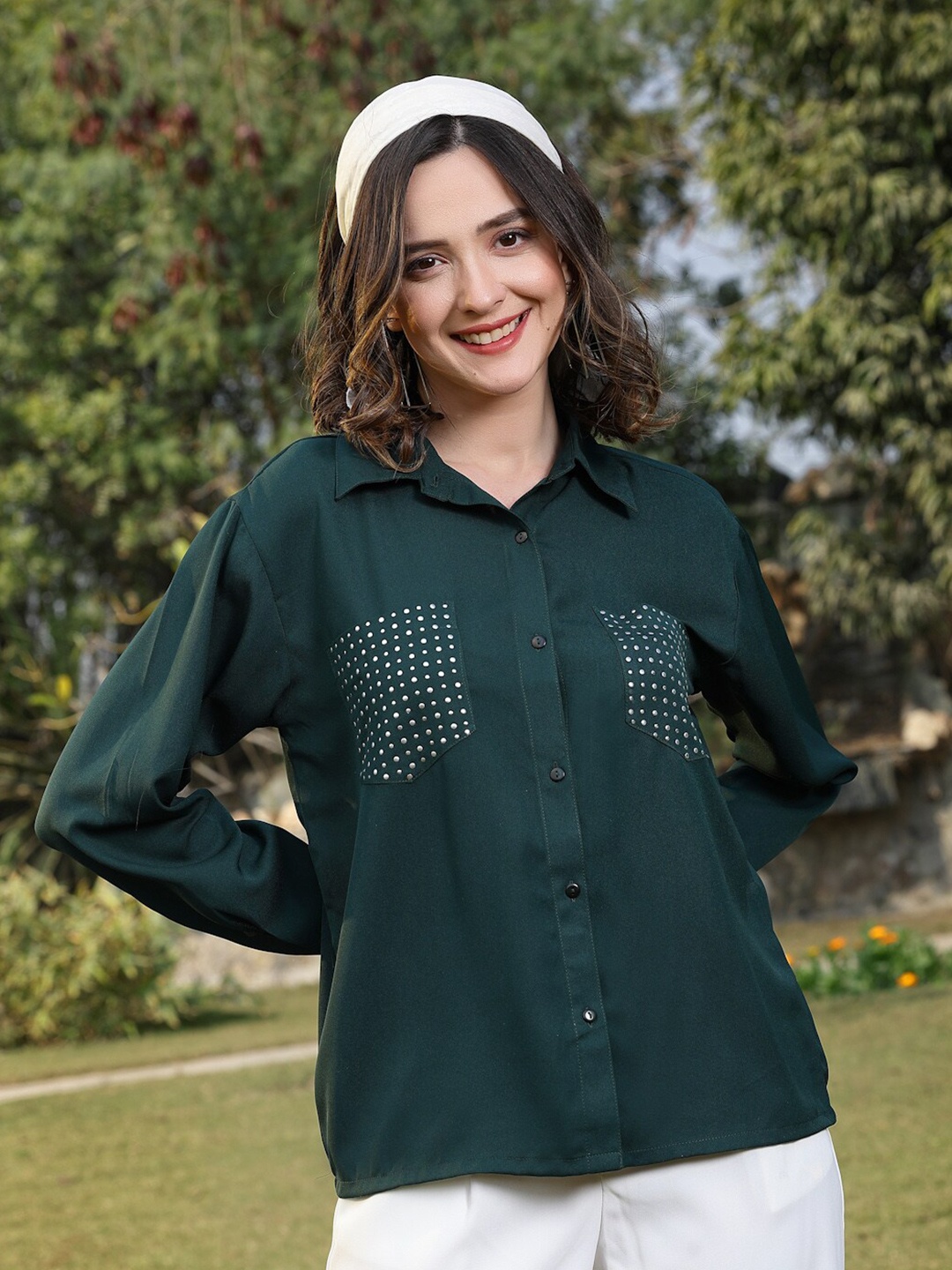 

plusS Embellished Casual Shirt, Green