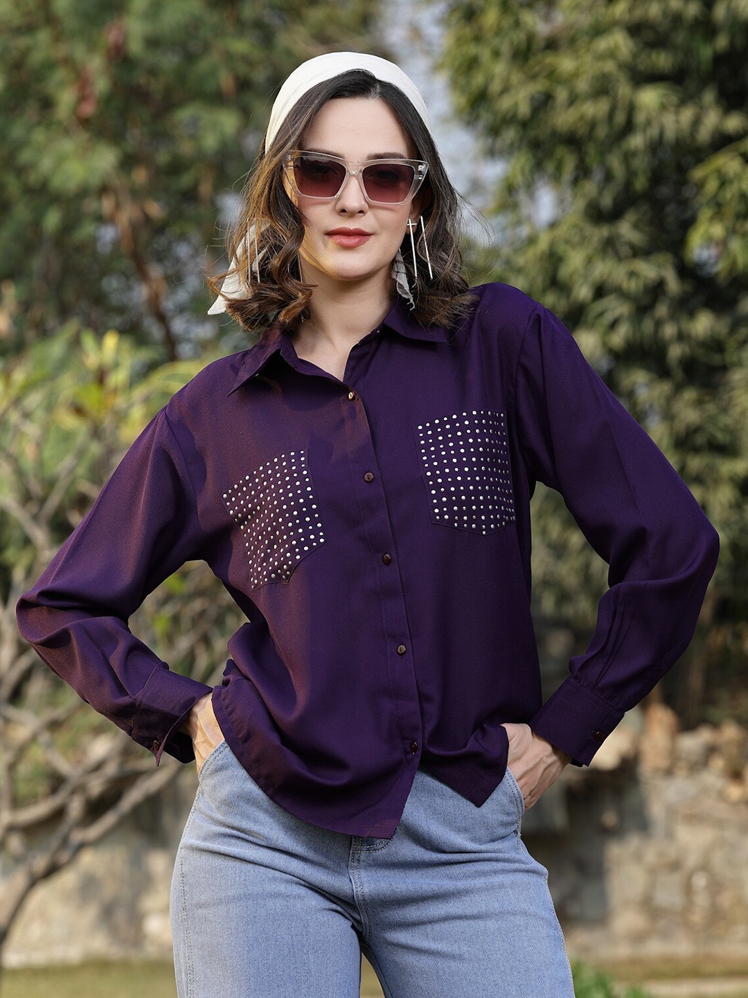 

plusS Embellished Casual Shirt, Purple