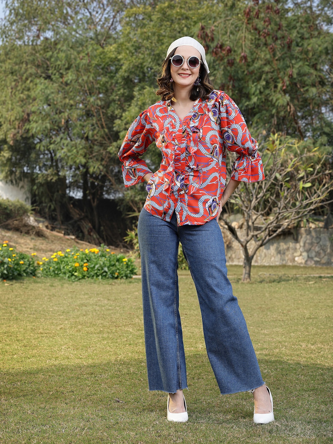 

plusS Coral Abstract Print Bell Sleeves Shirt Style Top