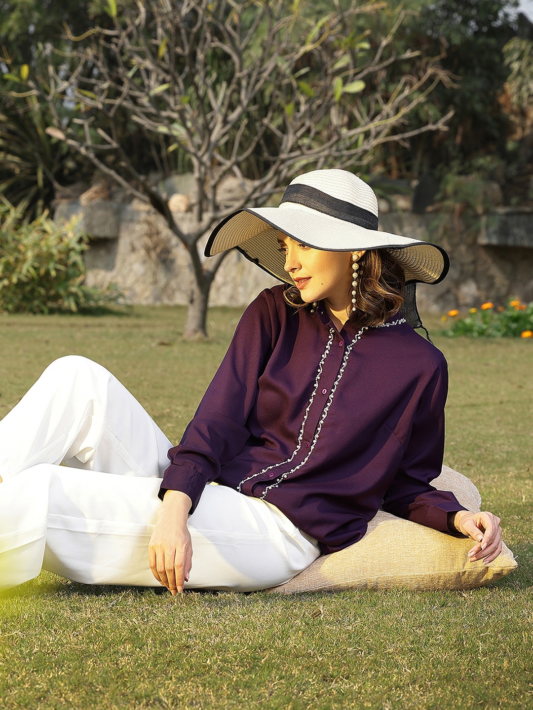 

plusS Band Collar Beads Work Casual Shirt, Purple