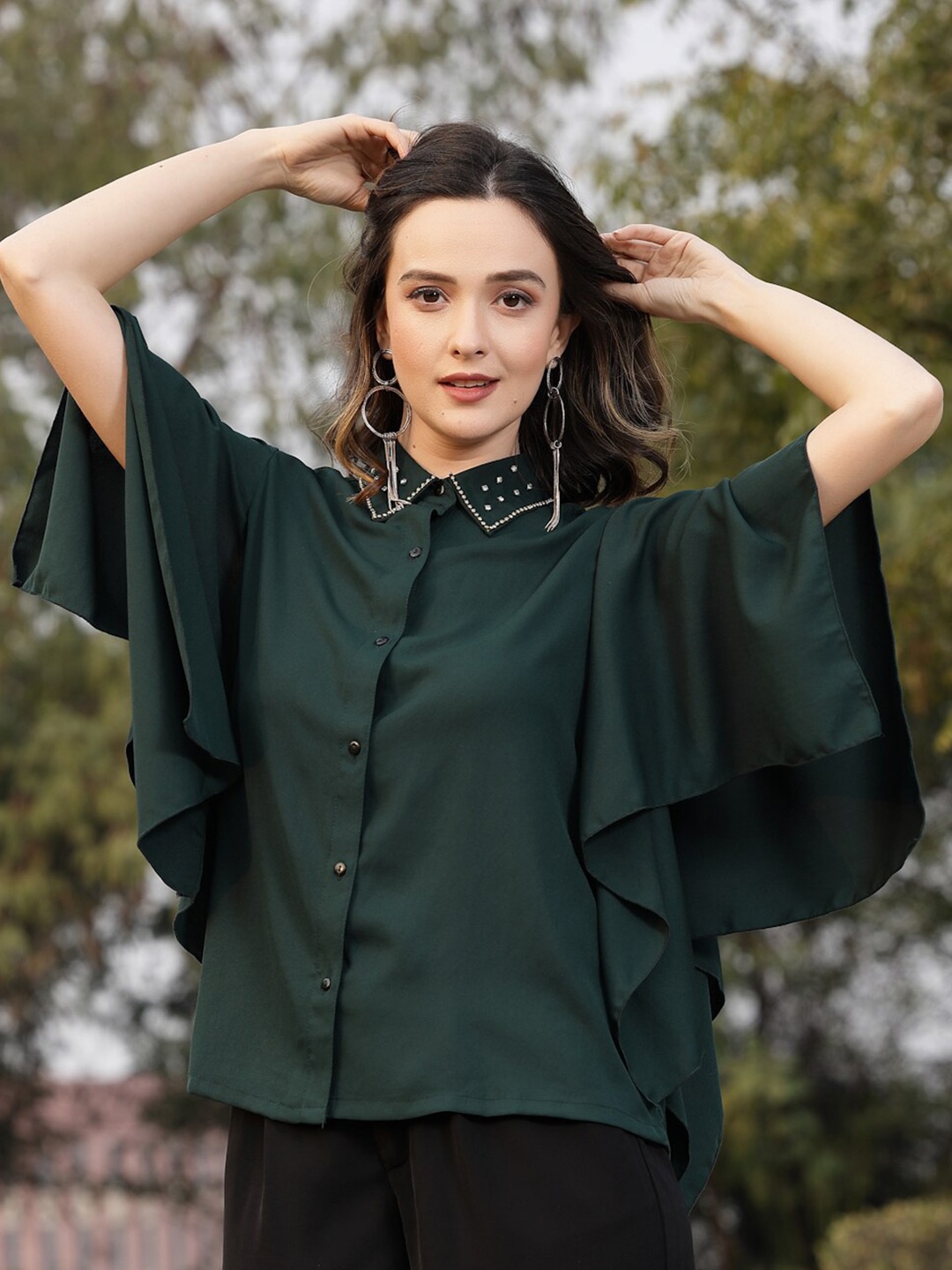 

plusS Shirt Collar Stone Works Shirt Style Top, Green