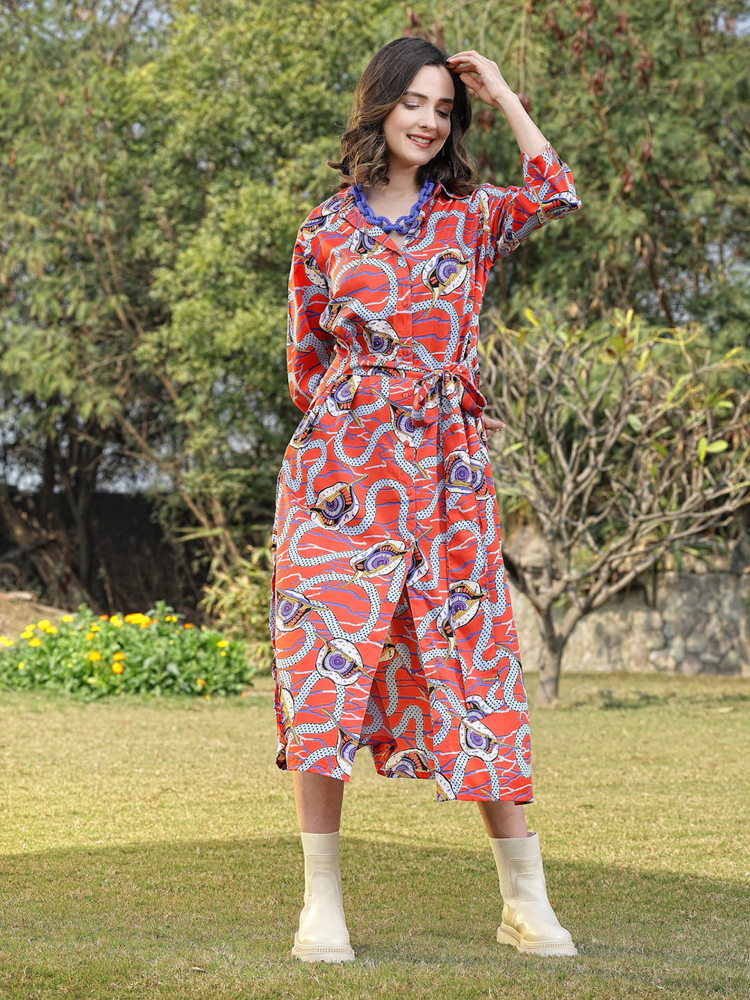 

plusS Abstract Printed Shirt Midi Dress, Coral
