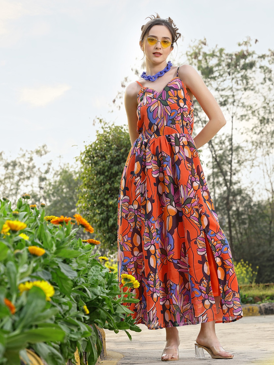 

plusS Orange Floral Printed V-Neck Flared Maxi Dress