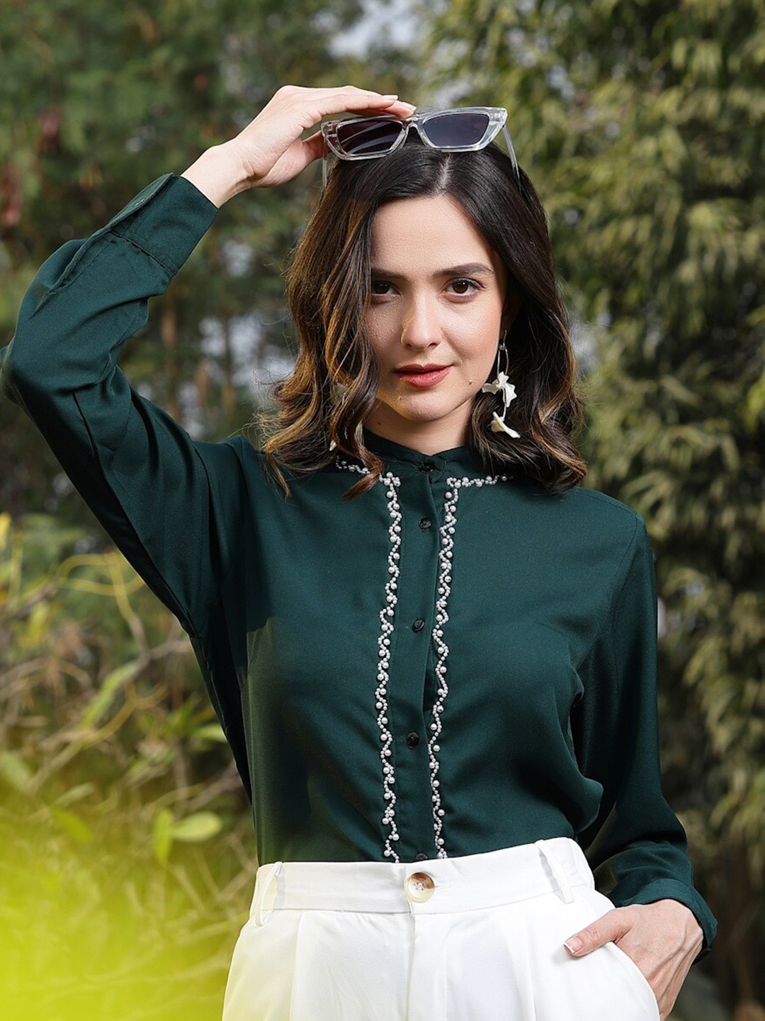 

plusS Band Collar Beads Work Casual Shirt, Green