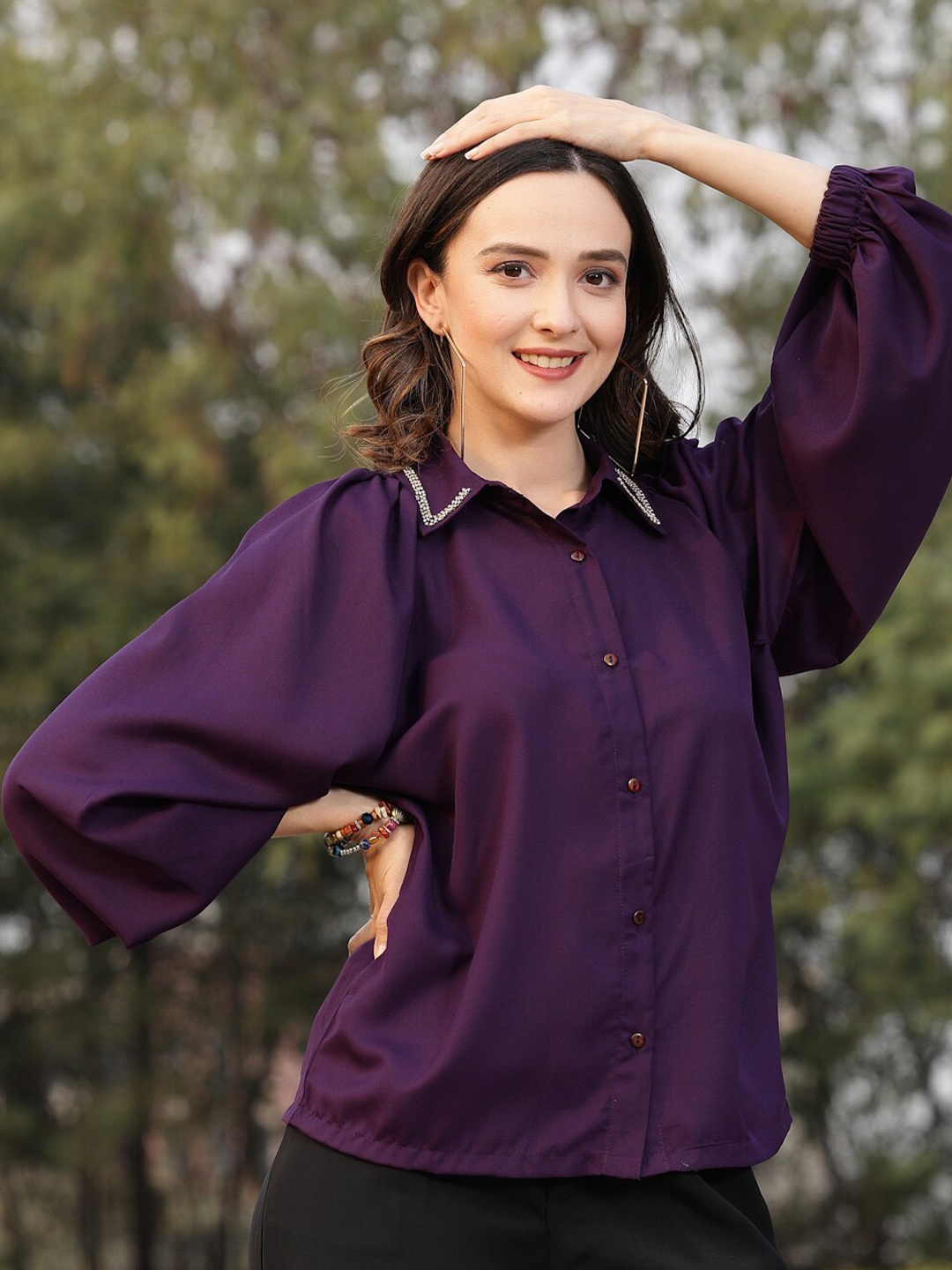 

plusS Spread Collar Puff Sleeves Party Shirt, Purple