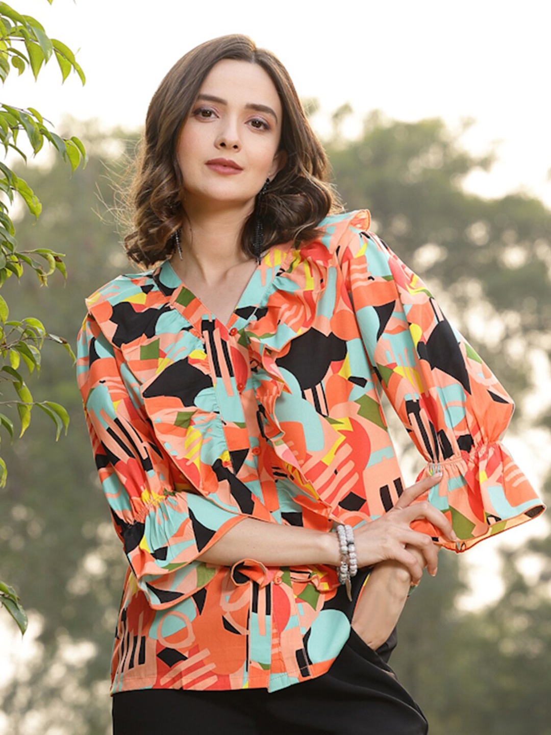 

plusS Pink Abstract Print Bell Sleeves Shirt Style Top