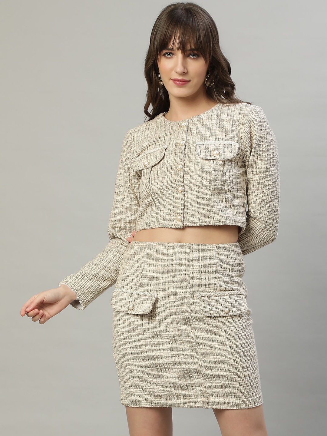 

DELAN Printed Round Neck Top With Mini Skirt Co-Ords, Beige