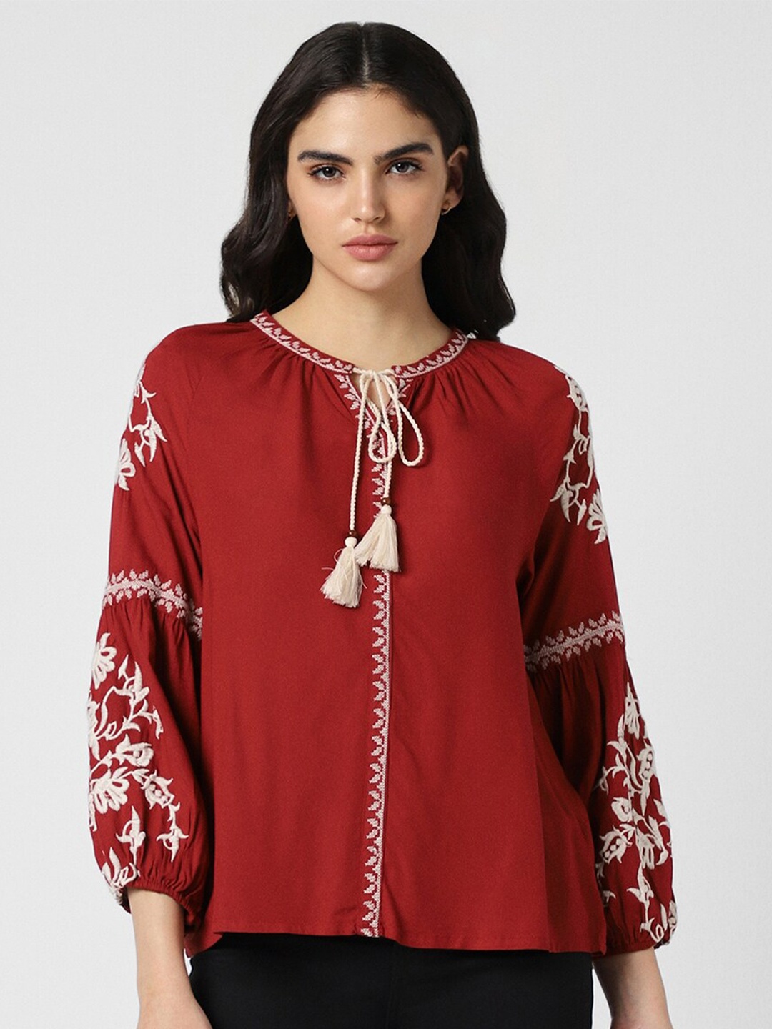 

Van Heusen Woman Floral Embroidered Tie-Up Neck Puff Sleeve Top, Maroon