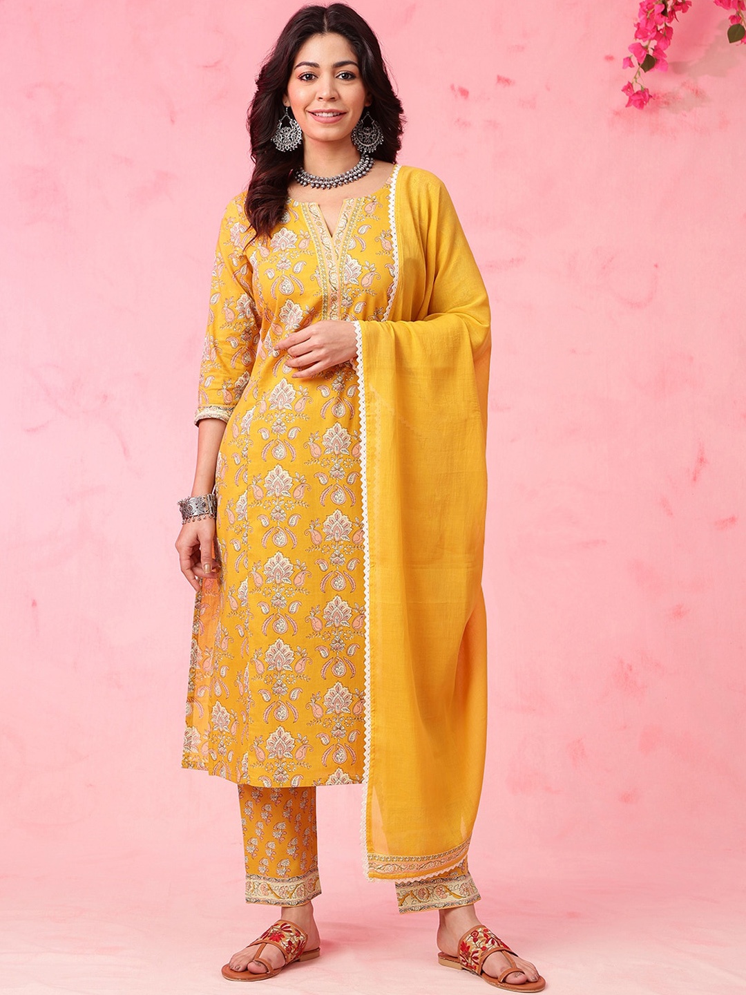 

Anouk Women Ethnic Motifs Printed Regular Pure Cotton Kurta with Trousers & With Dupatta, Yellow