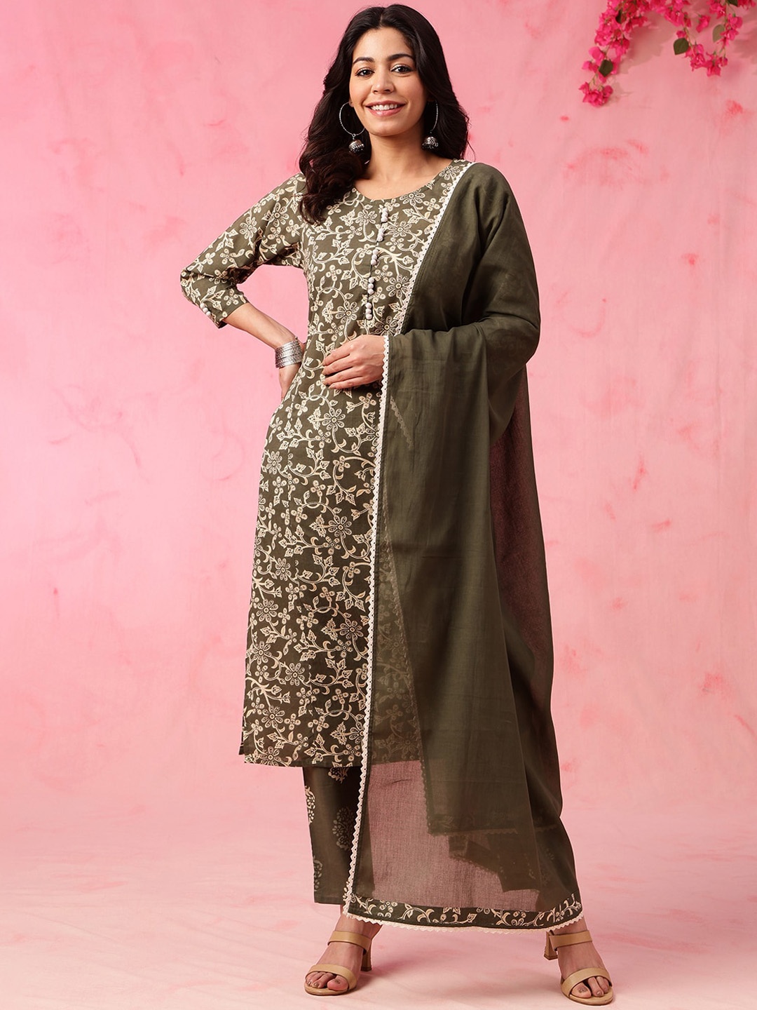 

Anouk Women Floral Printed Regular Pure Cotton Kurta with Trousers & With Dupatta, Olive