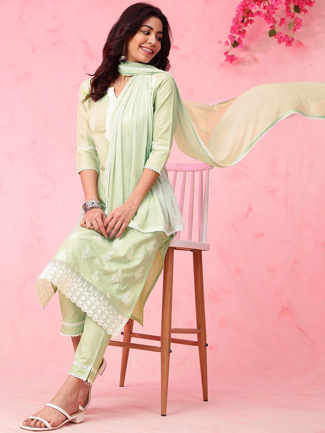 

Anouk Women Ethnic Motifs Embroidered Regular Chikankari Pure Cotton Kurta with Trousers & With Dupatta, Lime green