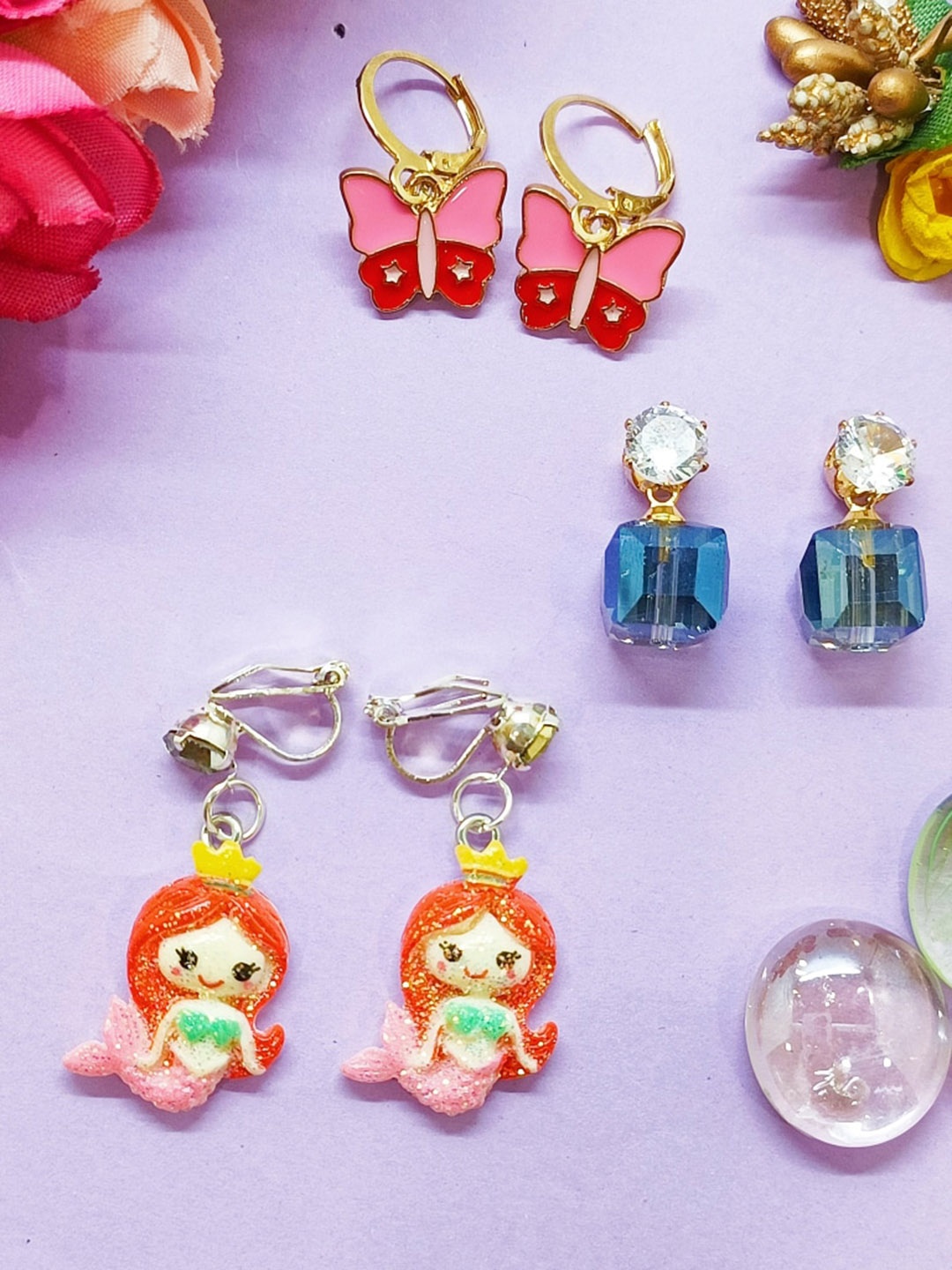 

FEMMIBELLA Set Of 3 Silver-Plated Cubic Zirconia Quirky Drop Earrings