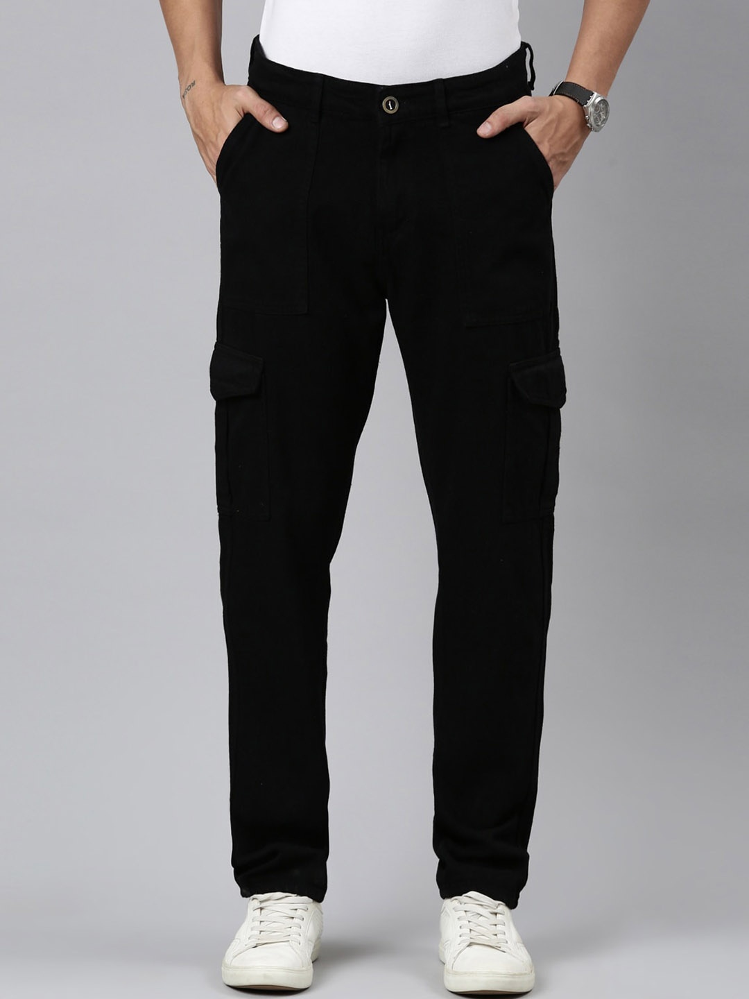 

CINOCCI Men Relaxed Fit Clean Look Cotton Cargos, Black