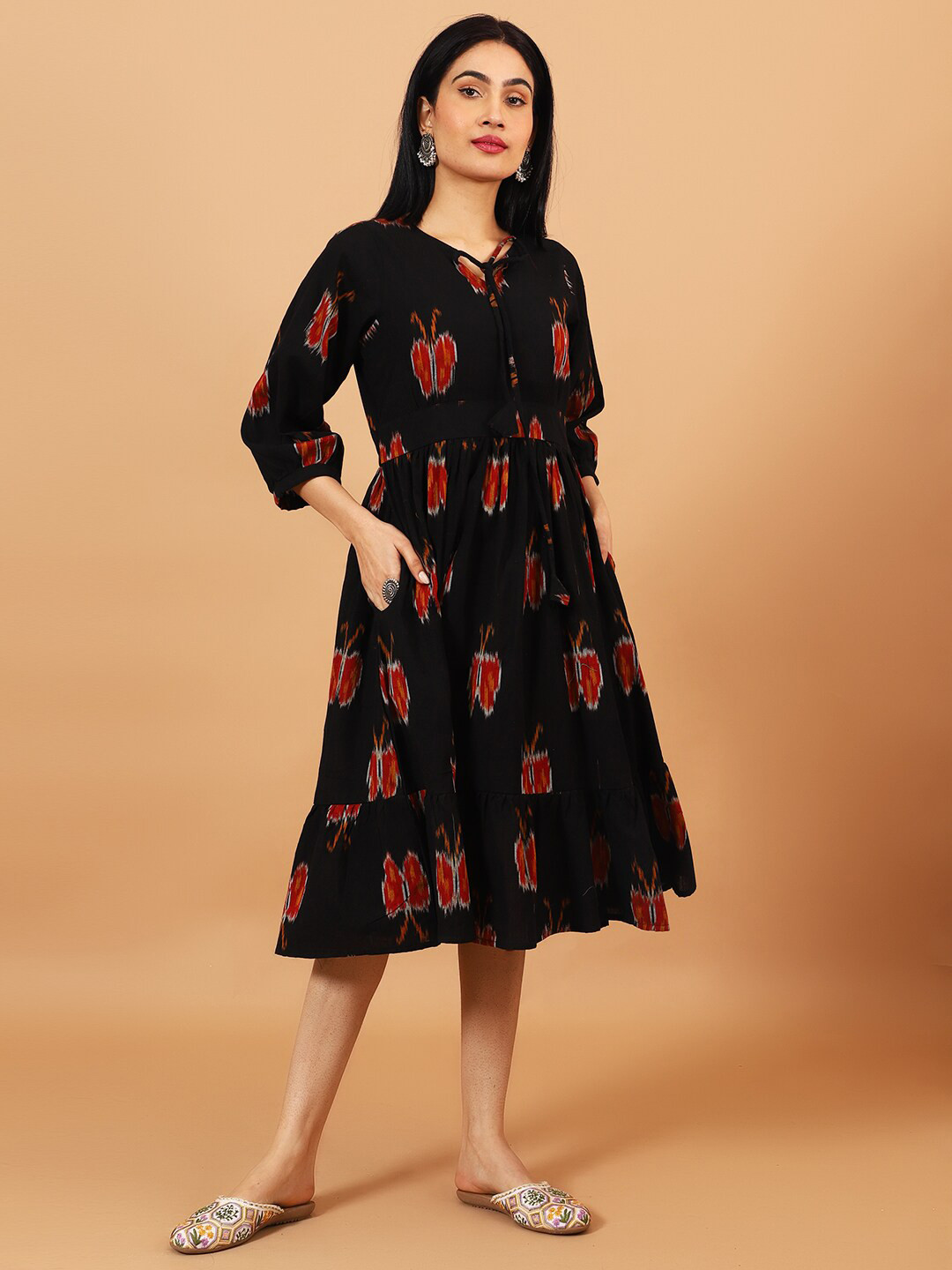 

INDOPHILIA Floral Printed Tie-Up Neck Fit & Flare Midi Dress, Black