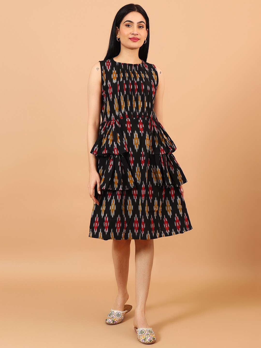 

INDOPHILIA Ethnic Motifs Printed Round Neck Fit & Flare Dress, Black