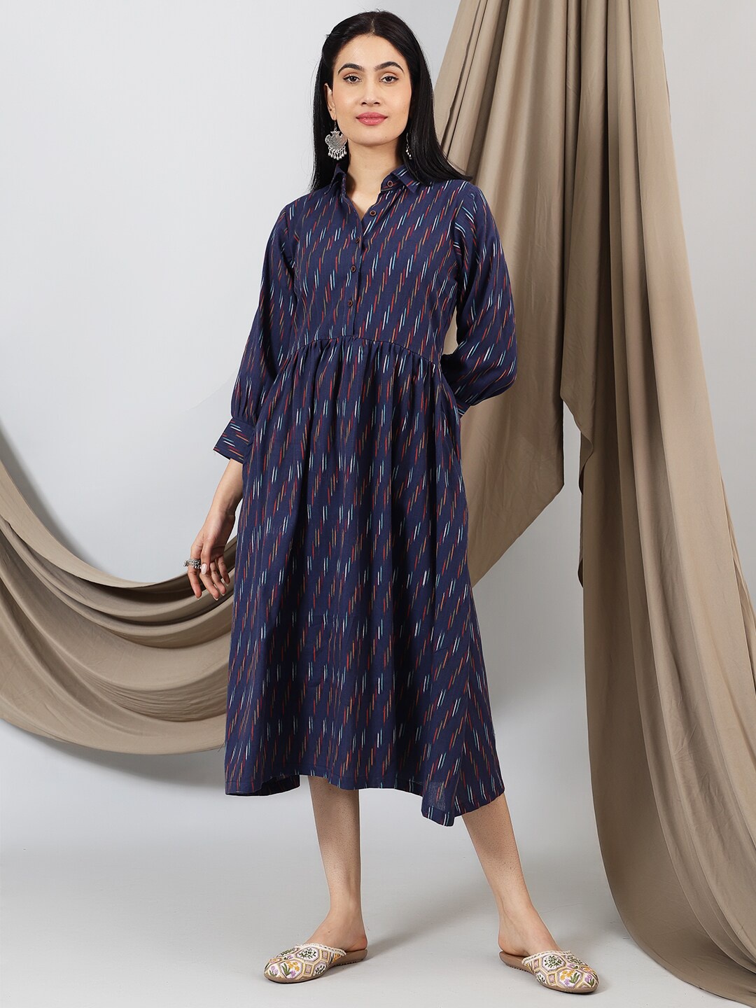 

INDOPHILIA Mandarin Collar Striped Print A-Line Midi Dress, Blue