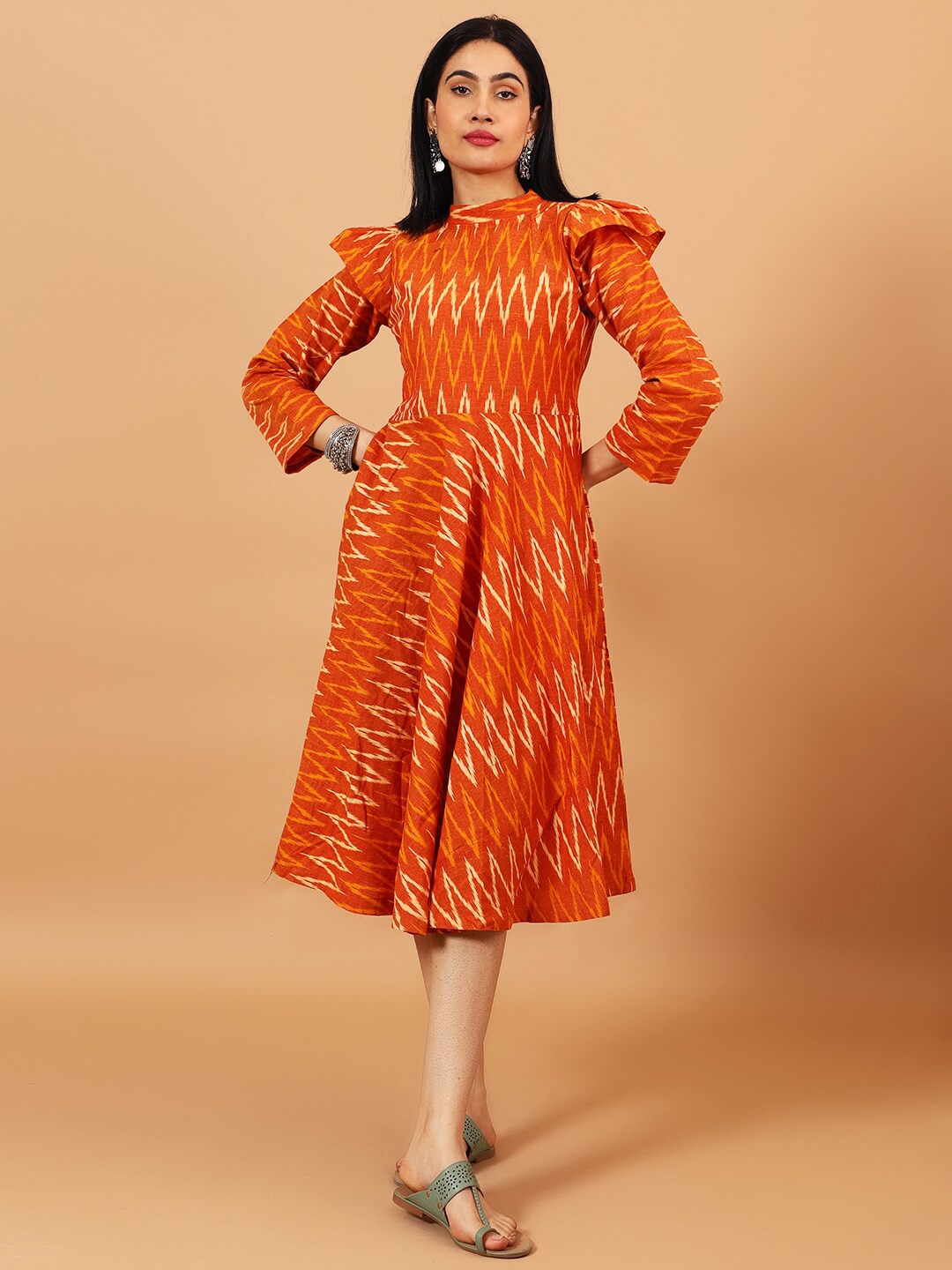 

INDOPHILIA Print Cold-Shoulder Fit & Flare Midi Dress, Orange