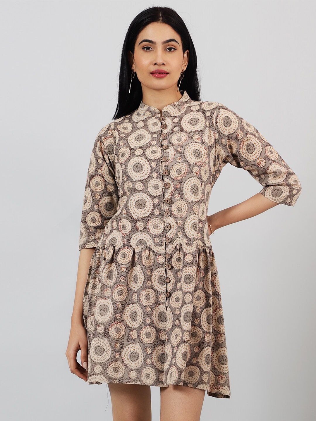 

INDOPHILIA Ethnic Motifs Printed Fit & Flare Dress, Brown