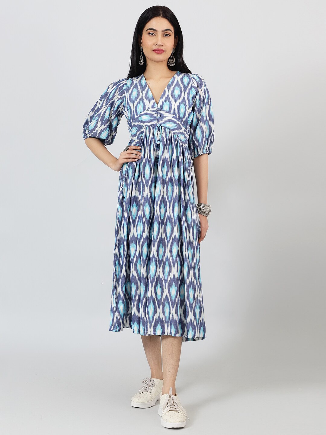 

INDOPHILIA V-Neck Print Empire Midi Dress, Blue