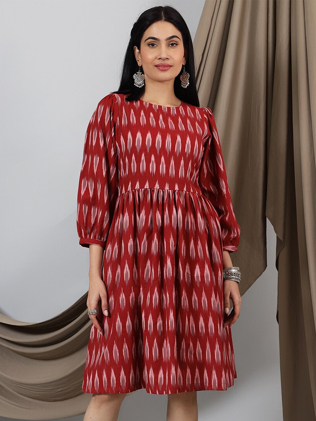

INDOPHILIA Ethnic Motifs Print Puff Sleeve A-Line Dress, Red