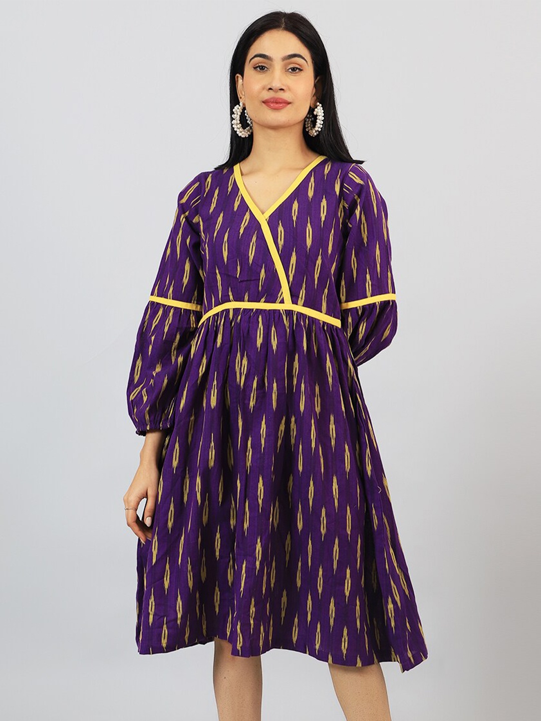 

INDOPHILIA Print Puff Sleeve Fit & Flare Dress, Purple